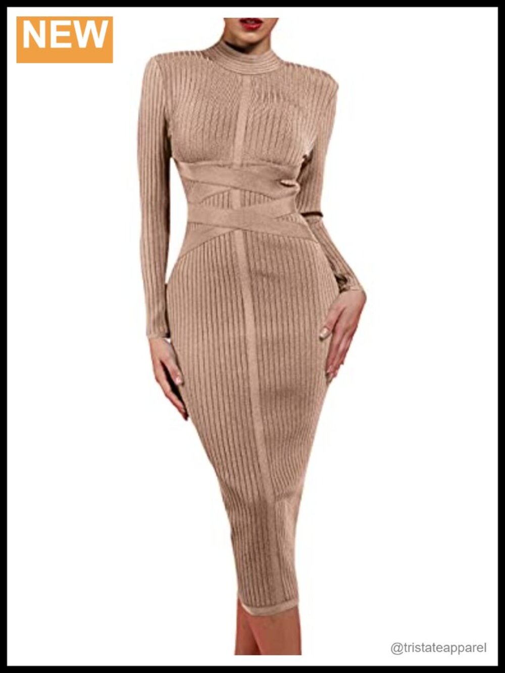 Women's Long Sleeve Bodycon Midi Dress Cross Strap High Neck Bandage Party Club
